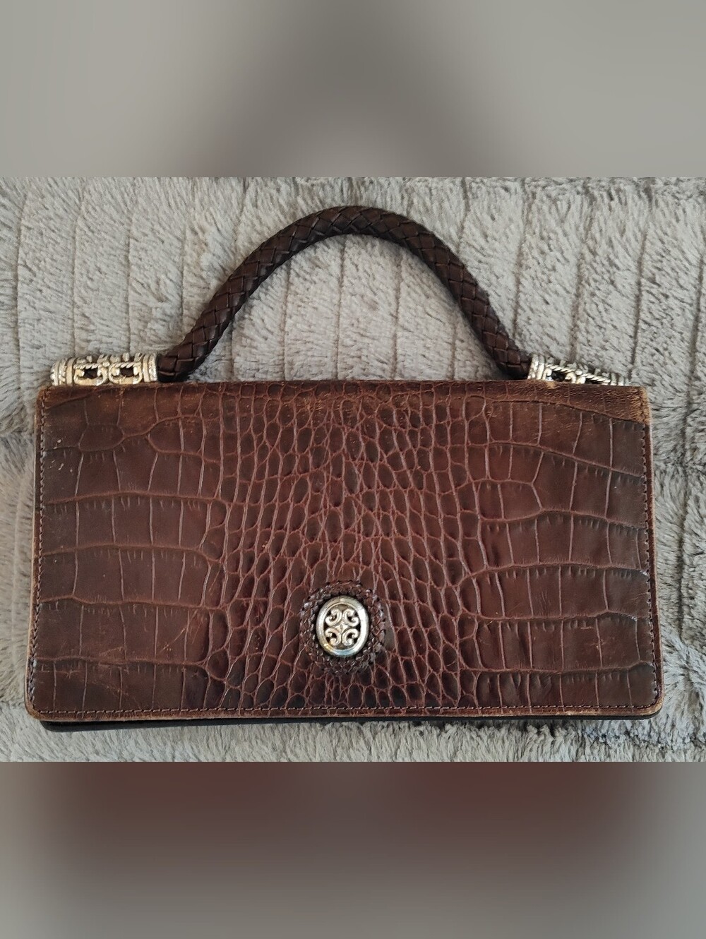 Vintage Brighton Brown Croc-Embossed Top-Handle Bag W/Pebbled Leather Interior